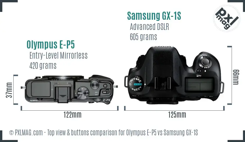 Olympus E-P5 vs Samsung GX-1S top view buttons comparison