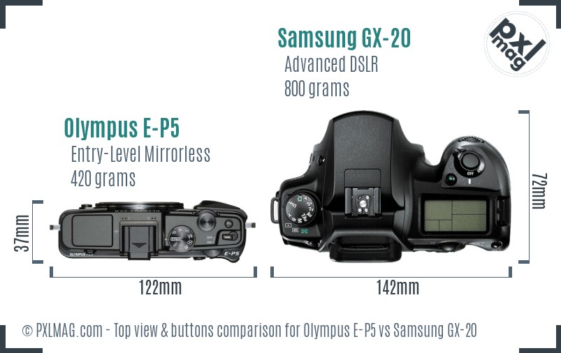 Olympus E-P5 vs Samsung GX-20 top view buttons comparison