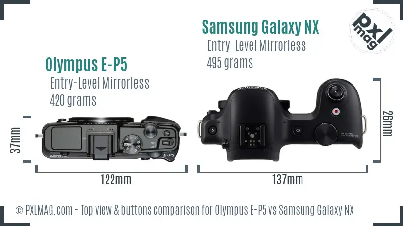 Olympus E-P5 vs Samsung Galaxy NX top view buttons comparison