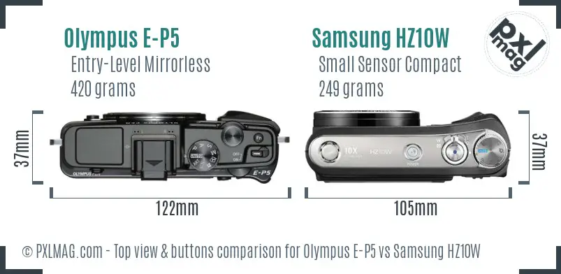 Olympus E-P5 vs Samsung HZ10W top view buttons comparison