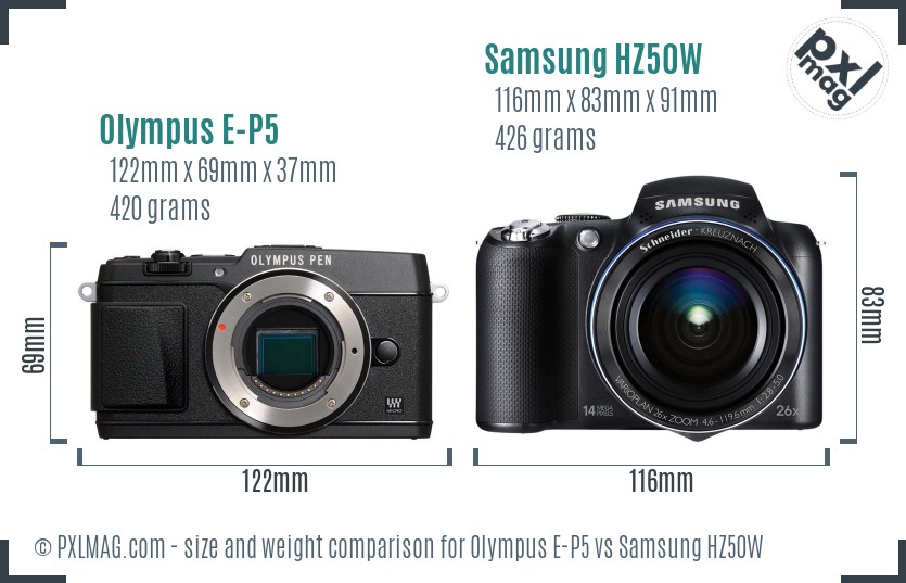 Olympus E-P5 vs Samsung HZ50W size comparison