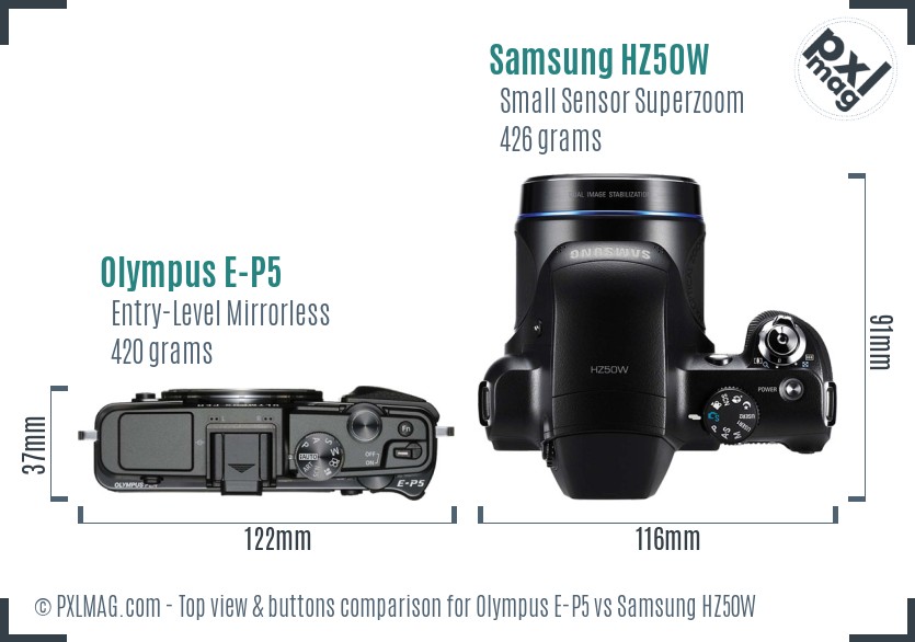 Olympus E-P5 vs Samsung HZ50W top view buttons comparison