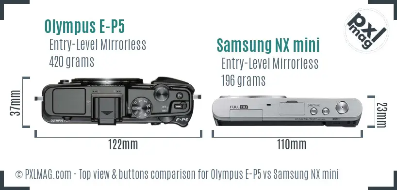 Olympus E-P5 vs Samsung NX mini top view buttons comparison