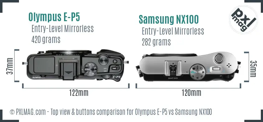 Olympus E-P5 vs Samsung NX100 top view buttons comparison Olympus E-P5 vs Samsung NX100 top view buttons comparison