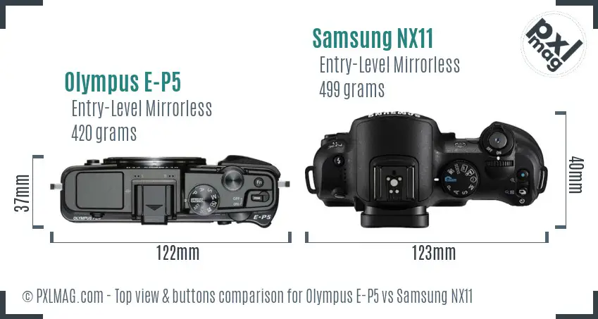 Olympus E-P5 vs Samsung NX11 top view buttons comparison