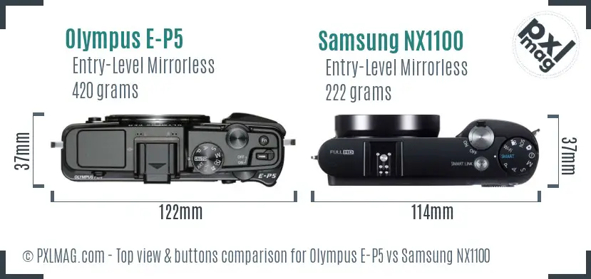 Olympus E-P5 vs Samsung NX1100 top view buttons comparison