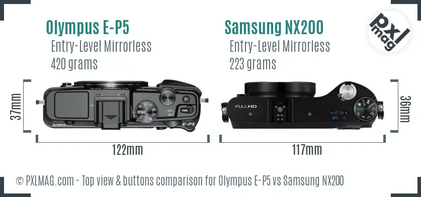 Olympus E-P5 vs Samsung NX200 top view buttons comparison