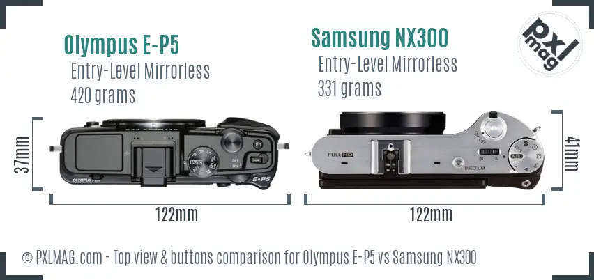 Olympus E-P5 vs Samsung NX300 top view buttons comparison