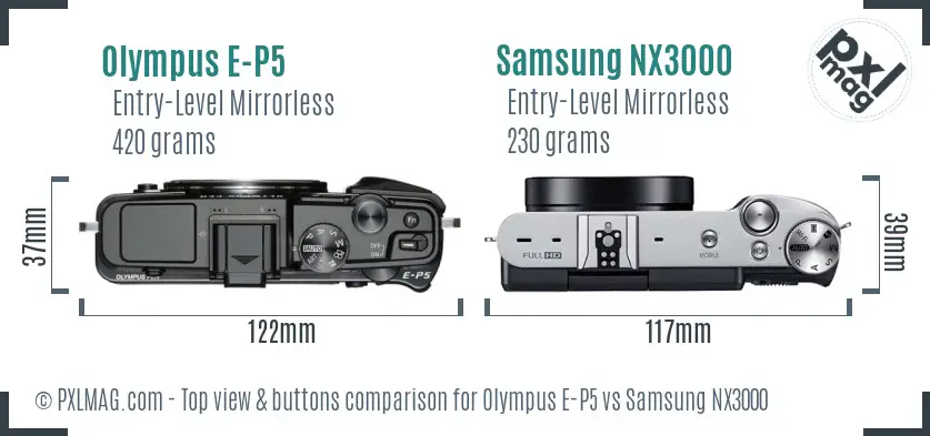 Olympus E-P5 vs Samsung NX3000 top view buttons comparison