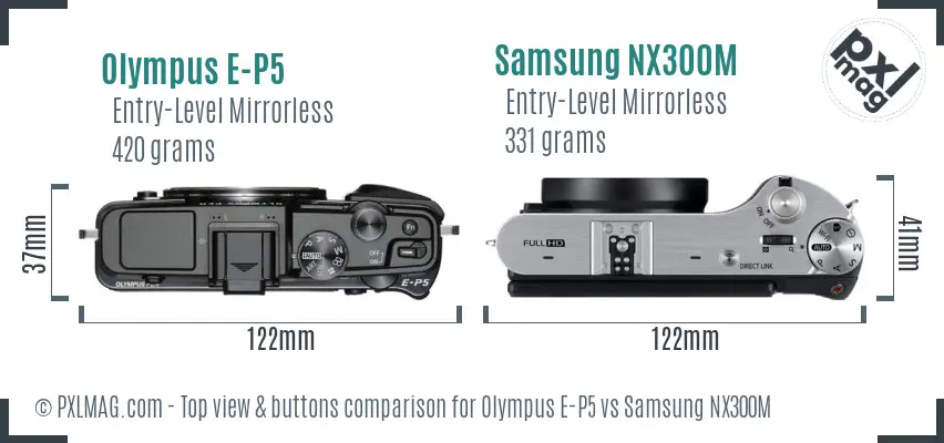 Olympus E-P5 vs Samsung NX300M top view buttons comparison