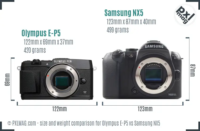 Olympus E-P5 vs Samsung NX5 size comparison