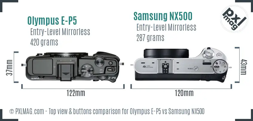 Olympus E-P5 vs Samsung NX500 top view buttons comparison