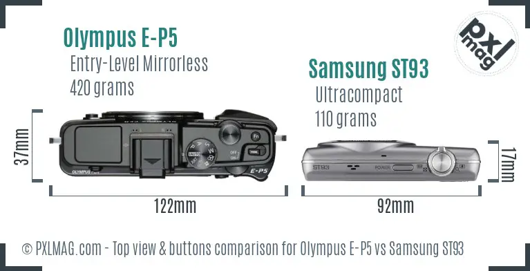 Olympus E-P5 vs Samsung ST93 top view buttons comparison