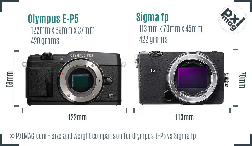 Olympus E-P5 vs Sigma fp size comparison