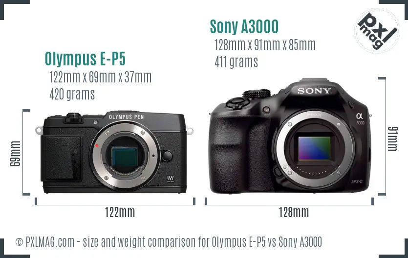 Olympus E-P5 vs Sony A3000 size comparison