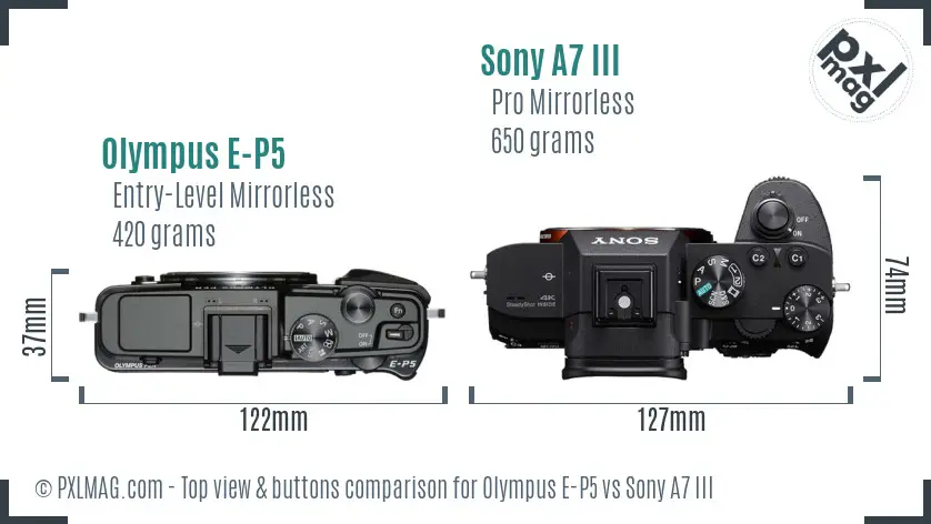 Olympus E-P5 vs Sony A7 III top view buttons comparison