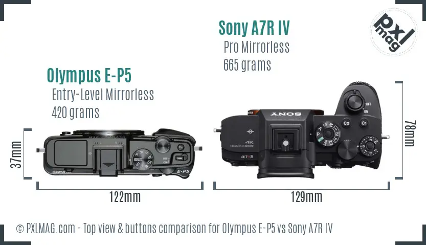 Olympus E-P5 vs Sony A7R IV top view buttons comparison