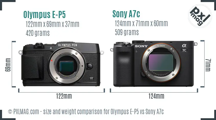 Olympus E-P5 vs Sony A7c size comparison