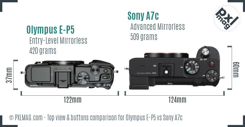Olympus E-P5 vs Sony A7c top view buttons comparison