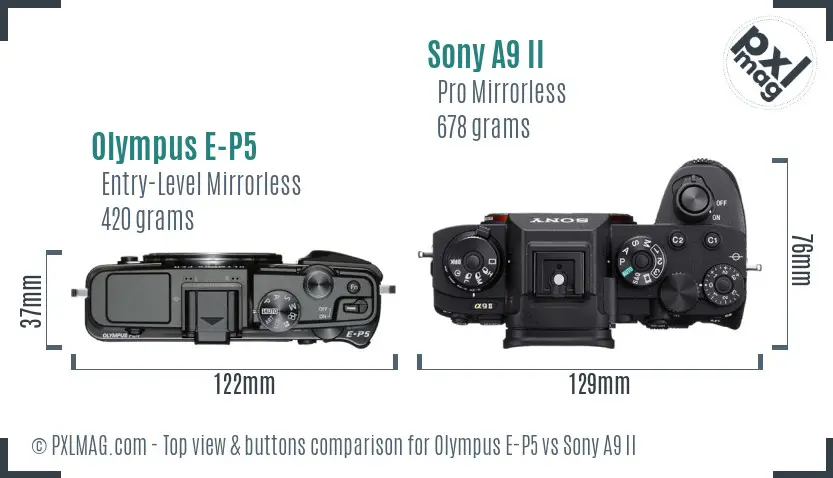 Olympus E-P5 vs Sony A9 II top view buttons comparison