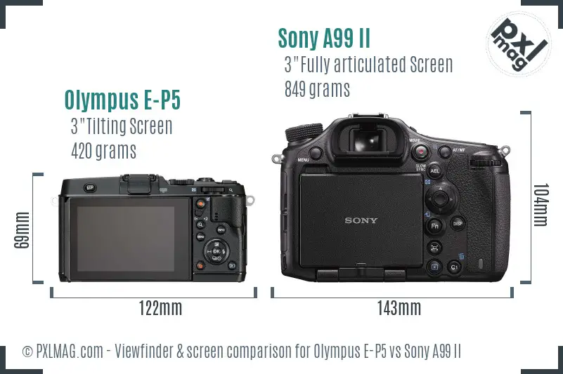 Olympus E-P5 vs Sony A99 II Screen and Viewfinder comparison