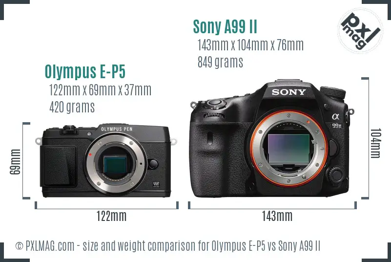 Olympus E-P5 vs Sony A99 II size comparison