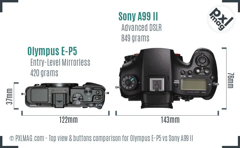 Olympus E-P5 vs Sony A99 II top view buttons comparison