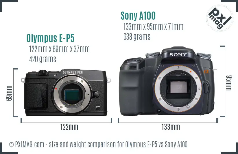Olympus E-P5 vs Sony A100 size comparison