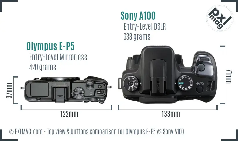 Olympus E-P5 vs Sony A100 top view buttons comparison