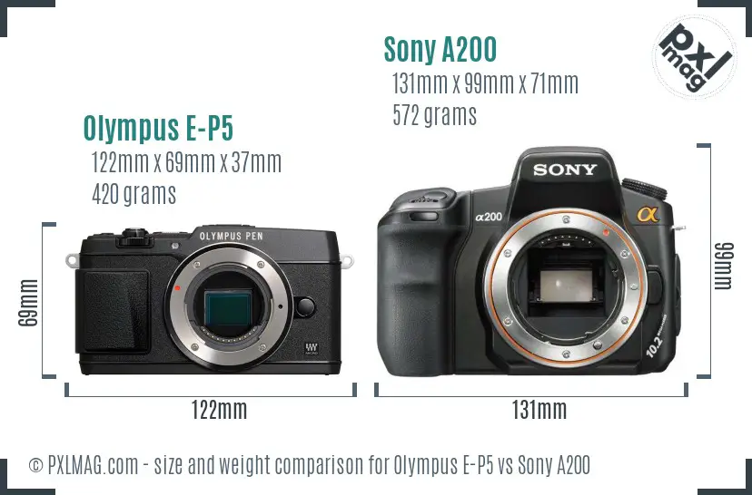 Olympus E-P5 vs Sony A200 size comparison