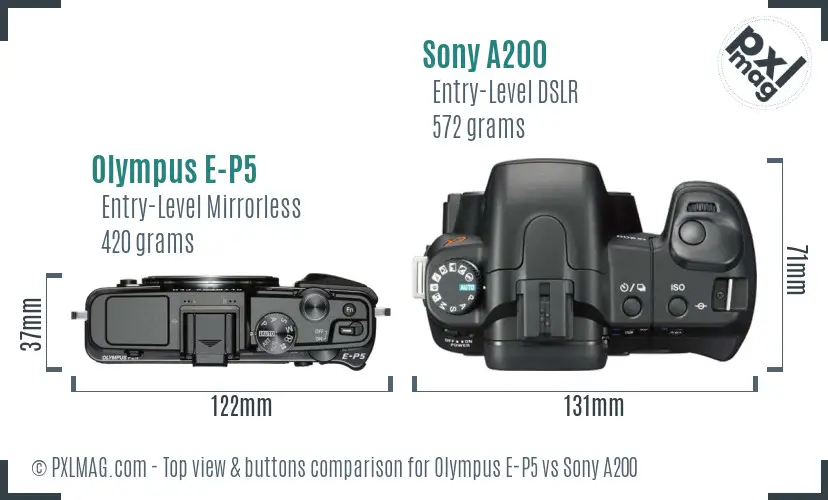 Olympus E-P5 vs Sony A200 top view buttons comparison
