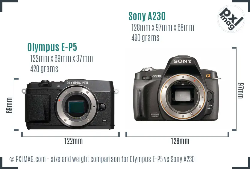 Olympus E-P5 vs Sony A230 size comparison