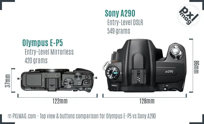 Olympus E-P5 vs Sony A290 top view buttons comparison