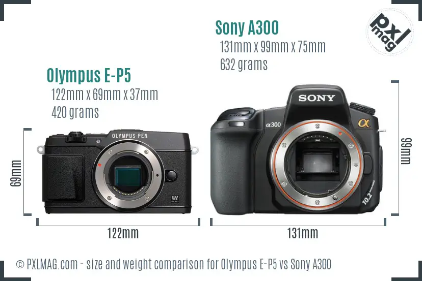 Olympus E-P5 vs Sony A300 size comparison