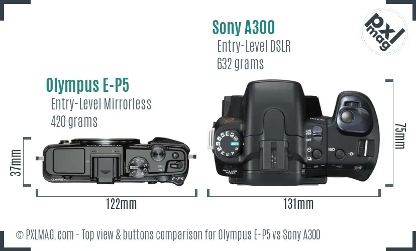 Olympus E-P5 vs Sony A300 top view buttons comparison