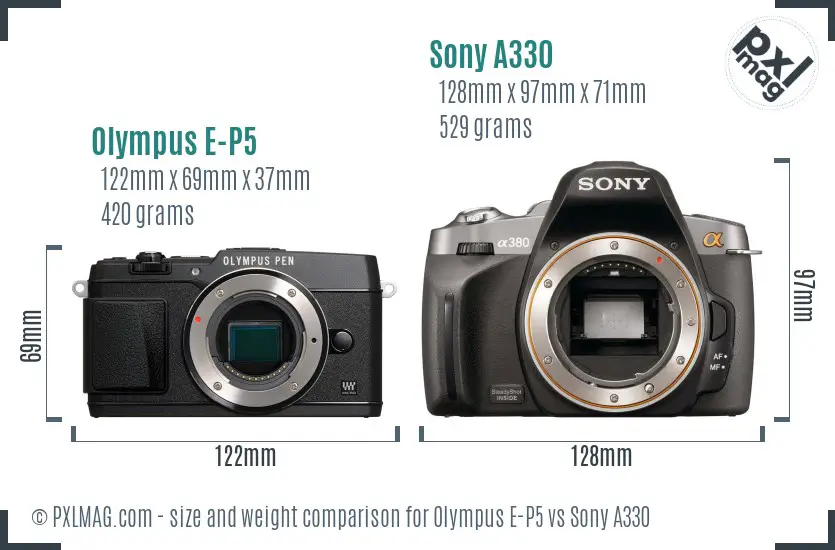 Olympus E-P5 vs Sony A330 size comparison