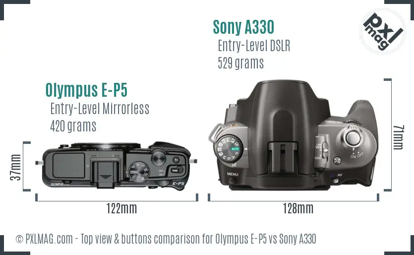 Olympus E-P5 vs Sony A330 top view buttons comparison