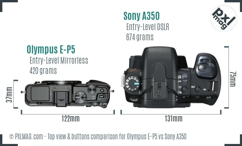 Olympus E-P5 vs Sony A350 top view buttons comparison Olympus E-P5 vs Sony A350 top view buttons comparison