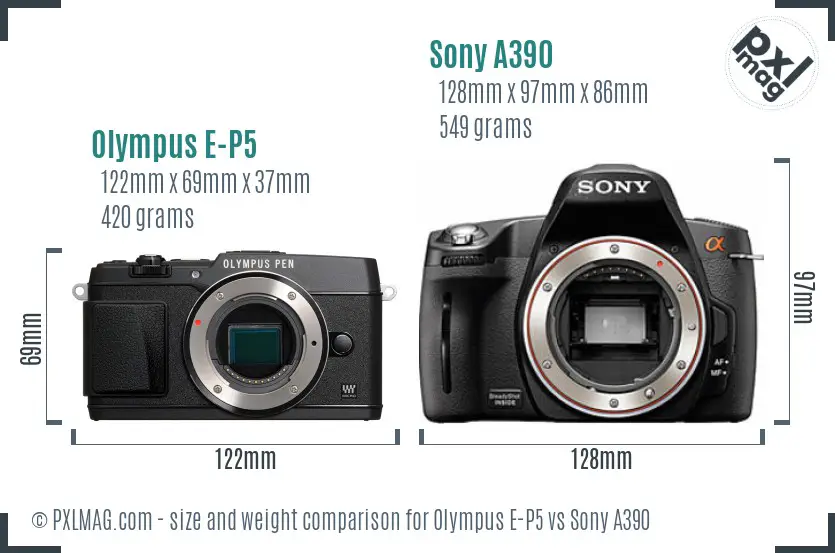 Olympus E-P5 vs Sony A390 size comparison