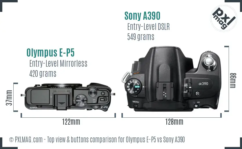 Olympus E-P5 vs Sony A390 top view buttons comparison