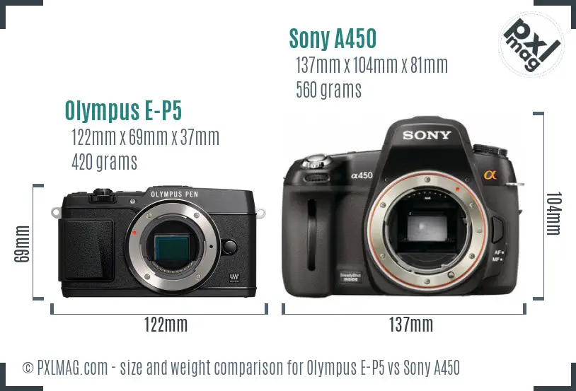 Olympus E-P5 vs Sony A450 size comparison