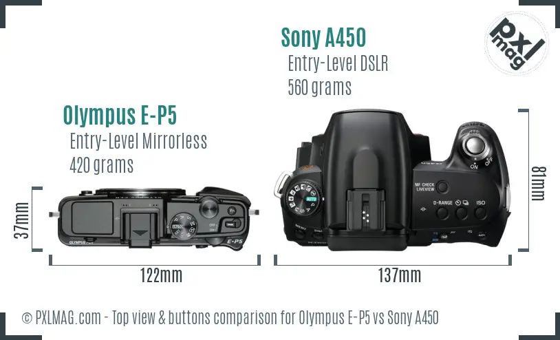 Olympus E-P5 vs Sony A450 top view buttons comparison