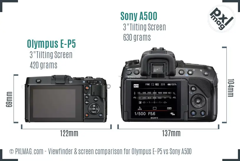 Olympus E-P5 vs Sony A500 Screen and Viewfinder comparison