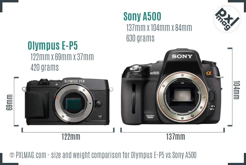 Olympus E-P5 vs Sony A500 size comparison