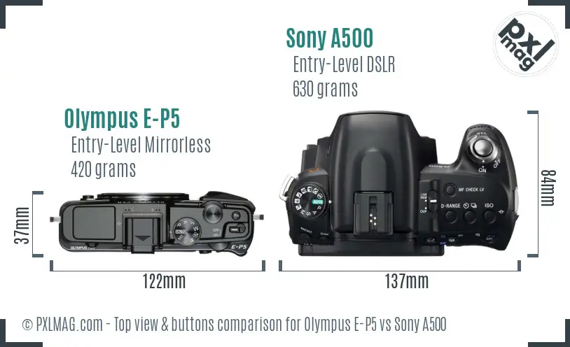 Olympus E-P5 vs Sony A500 top view buttons comparison