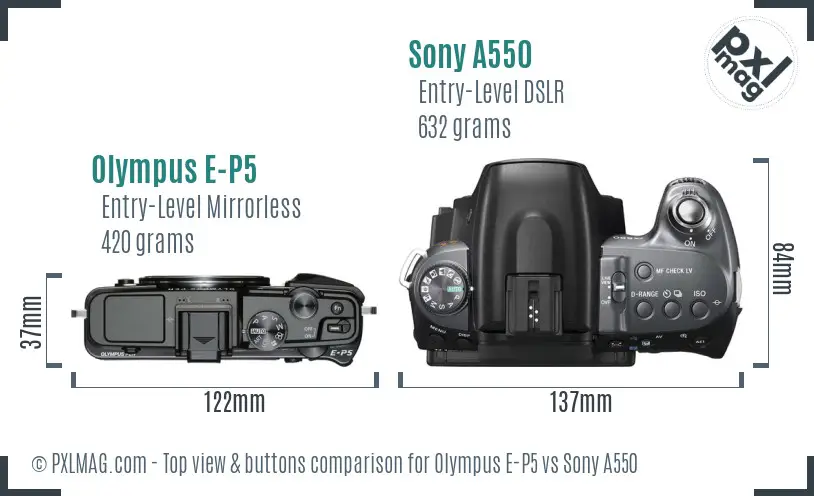 Olympus E-P5 vs Sony A550 top view buttons comparison