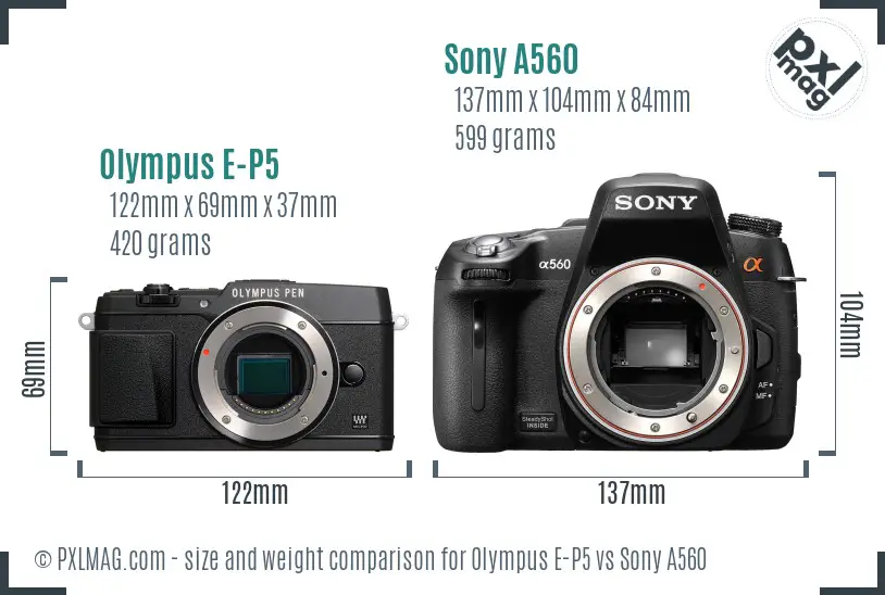 Olympus E-P5 vs Sony A560 size comparison