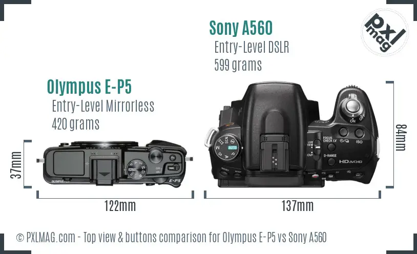 Olympus E-P5 vs Sony A560 top view buttons comparison