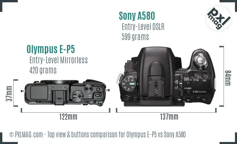 Olympus E-P5 vs Sony A580 top view buttons comparison Olympus E-P5 vs Sony A580 top view buttons comparison