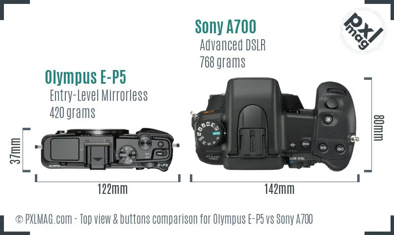 Olympus E-P5 vs Sony A700 top view buttons comparison